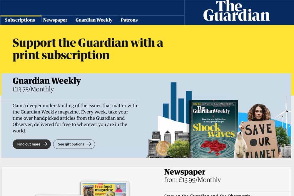 Screenshot des Aufrufs von The Guardian, seinem Mitgliedschaftsprogramm beizutreten.